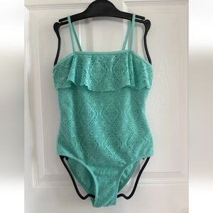 Girl’s Size 12 SO One Piece Swimsuit Turquoise Crochet Look Fabric Lined